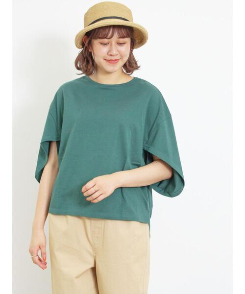 Samansa Mos2（サマンサ モスモス）の「【接触冷感】チューリップスリーブTシャツ（Tシャツ/カットソー・レディース・グリーン/オレンジ/オフホワイト/チャコールグレー・F）」の3枚目の写真