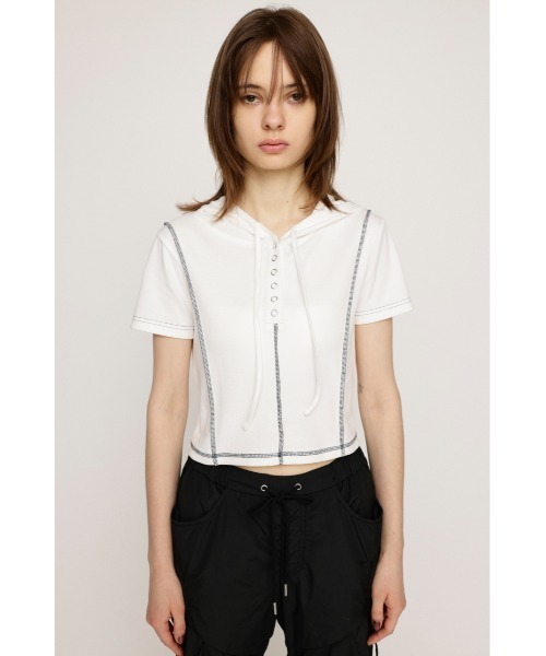 SLY（スライ）の「ROCK SEAM HOODIE ロック シーム フーディ 半袖 夏服（パーカー・レディース・レッド/オフホワイト/グレー/ブラック・FREE）」の7枚目の写真