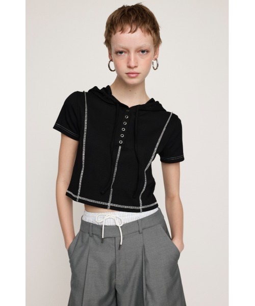 SLY（スライ）の「ROCK SEAM HOODIE ロック シーム フーディ 半袖 夏服（パーカー・レディース・レッド/オフホワイト/グレー/ブラック・FREE）」の11枚目の写真