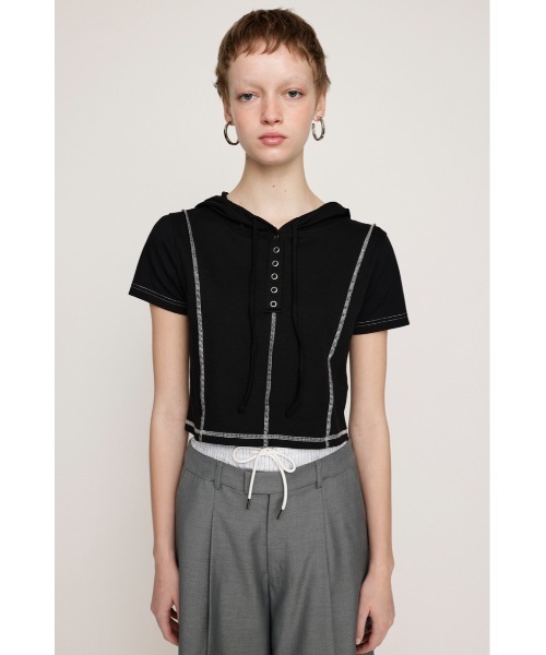 SLY（スライ）の「ROCK SEAM HOODIE ロック シーム フーディ 半袖 夏服（パーカー・レディース・レッド/オフホワイト/グレー/ブラック・FREE）」の12枚目の写真