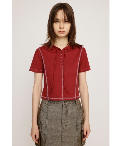 SLY（スライ）の「ROCK SEAM HOODIE ロック シーム フーディ 半袖 夏服（パーカー・レディース・レッド/オフホワイト/グレー/ブラック・FREE）」の17枚目の写真