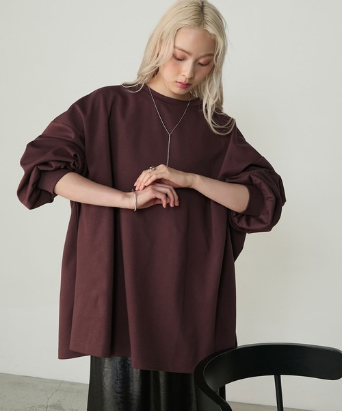 forksy.（フォルクシー）の「【forksy.】<エブリデイシリーズ>オーバーサイズスウェッティーシャツ（Tシャツ/カットソー・レディース・杢グレー/ブラック/アイボリー/ネイビー/ミント/ダークブラウン/ダークブルー/プラム/ブラック系/チャコール/グレイッシュブルー/グレー系/ライトベージュ/ライトブルー/ブラウン系/スモークピンク/ダークグリーン/バーガンディー/チェリーレッド/テラコッタ・FREE/SHORT）」の9枚目の写真