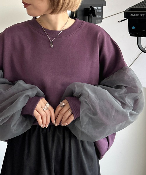 apres jour mignon(アプレジュールミニョン)の「袖チュールスウェット【ZOZOTOWN限定アイテム】(スウェット・レディース・パープル/グリーン/ブラック・X-LARGE/フリー)」の3枚目の写真