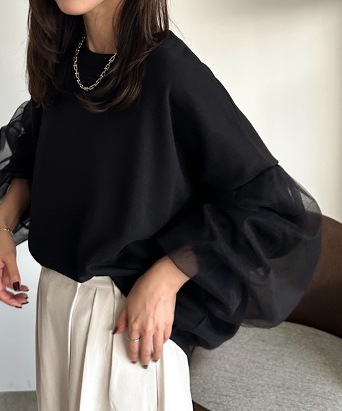 apres jour mignon(アプレジュールミニョン)の「袖チュールスウェット【ZOZOTOWN限定アイテム】(スウェット・レディース・パープル/グリーン/ブラック・X-LARGE/フリー)」の4枚目の写真