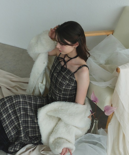 fupel(フぺル)の「Multi-way check fur cami one piece / マルチウェイチェックファーキャミワンピース(ワンピース・レディース・ブラック/ブラウン系その他・FREE)」の8枚目の写真