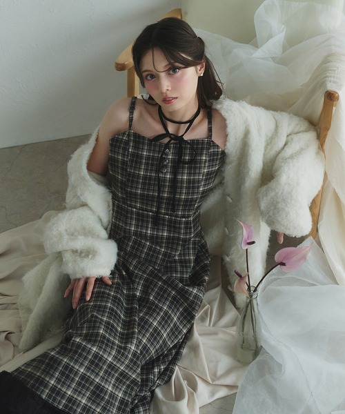 み*️様 JUN&ROPE ブラックファーワンピース セール】Multi-way check fur cami one piece / マルチウェイチェック