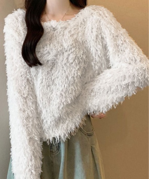 kirakiraShop(キラキラショップ)の「フェザー フリンジ ボリューム ニット トップス(ニット/セーター・レディース・ホワイト/ピンク/ブラック/ブルー・FREE)」の8枚目の写真
