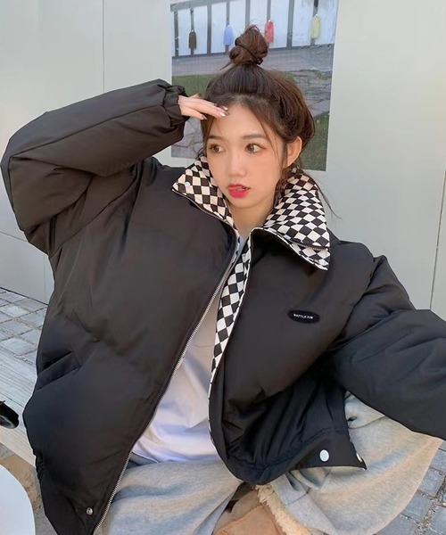 中綿ブルゾン ブロックチェック ボリューム 中綿ジャケット（ダウン