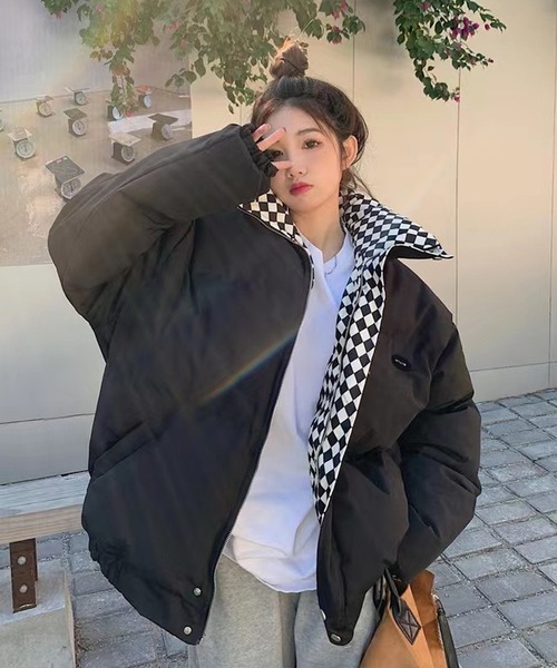 中綿ブルゾン ブロックチェック ボリューム 中綿ジャケット（ダウン