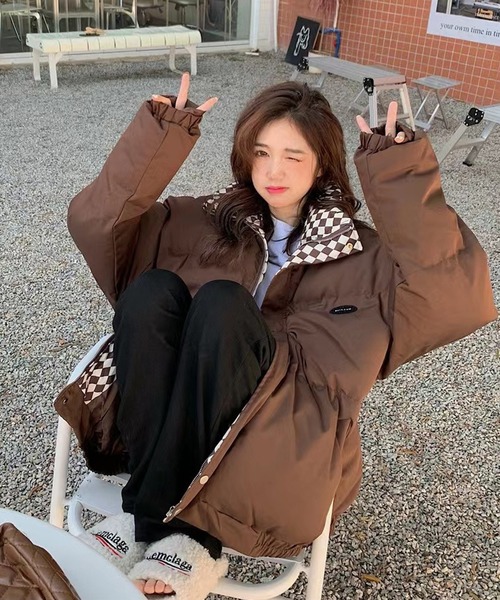 中綿ブルゾン ブロックチェック ボリューム 中綿ジャケット（ダウン