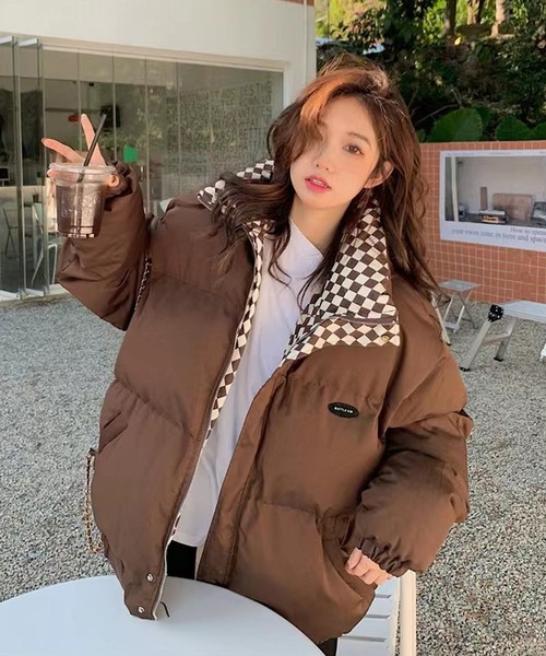 セール】中綿ブルゾン ブロックチェック ボリューム 中綿ジャケット