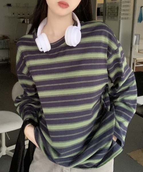 Per sist ence（パーシエンス）の「ビッグシルエットボーダーロンT（Tシャツ/カットソー・レディース・グリーン/レッド/ブラック・LARGE/X-LARGE/MEDIUM）」の3枚目の写真