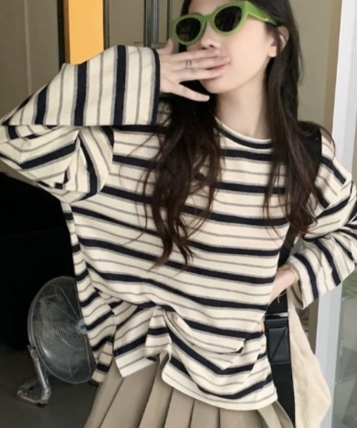 Per sist ence（パーシエンス）の「ビッグシルエットボーダーロンT（Tシャツ/カットソー・レディース・グリーン/レッド/ブラック・LARGE/X-LARGE/MEDIUM）」の2枚目の写真