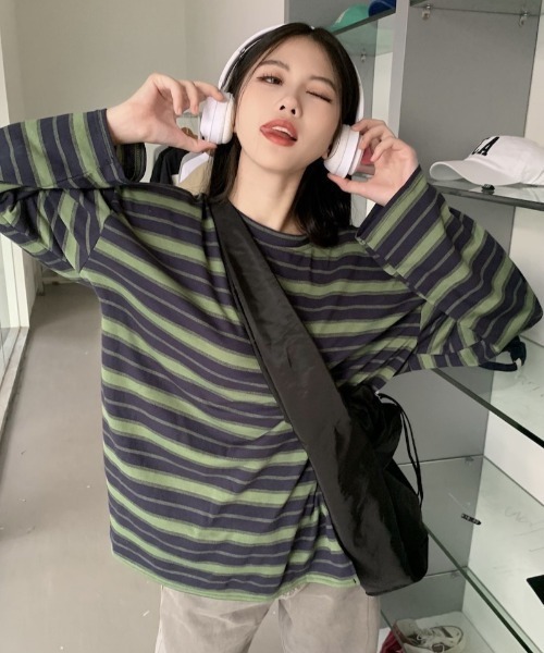 Per sist ence（パーシエンス）の「ビッグシルエットボーダーロンT（Tシャツ/カットソー・レディース・グリーン/レッド/ブラック・LARGE/X-LARGE/MEDIUM）」の13枚目の写真