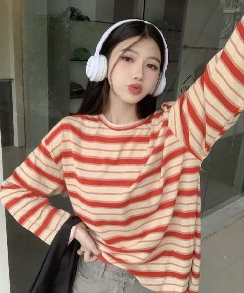 Per sist ence（パーシエンス）の「ビッグシルエットボーダーロンT（Tシャツ/カットソー・レディース・グリーン/レッド/ブラック・LARGE/X-LARGE/MEDIUM）」の11枚目の写真