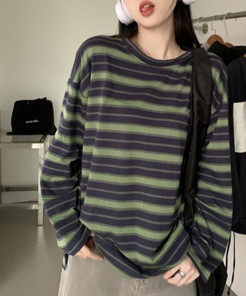 Per sist ence（パーシエンス）の「ビッグシルエットボーダーロンT（Tシャツ/カットソー・レディース・グリーン/レッド/ブラック・LARGE/X-LARGE/MEDIUM）」の14枚目の写真