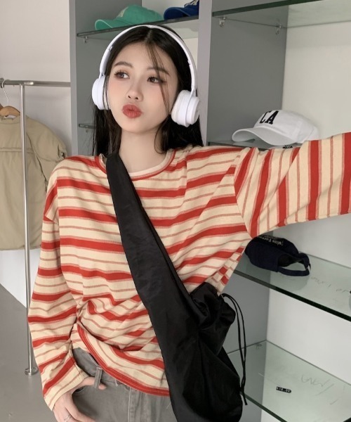 Per sist ence（パーシエンス）の「ビッグシルエットボーダーロンT（Tシャツ/カットソー・レディース・グリーン/レッド/ブラック・LARGE/X-LARGE/MEDIUM）」の10枚目の写真