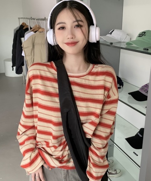 Per sist ence（パーシエンス）の「ビッグシルエットボーダーロンT（Tシャツ/カットソー・レディース・グリーン/レッド/ブラック・LARGE/X-LARGE/MEDIUM）」の12枚目の写真