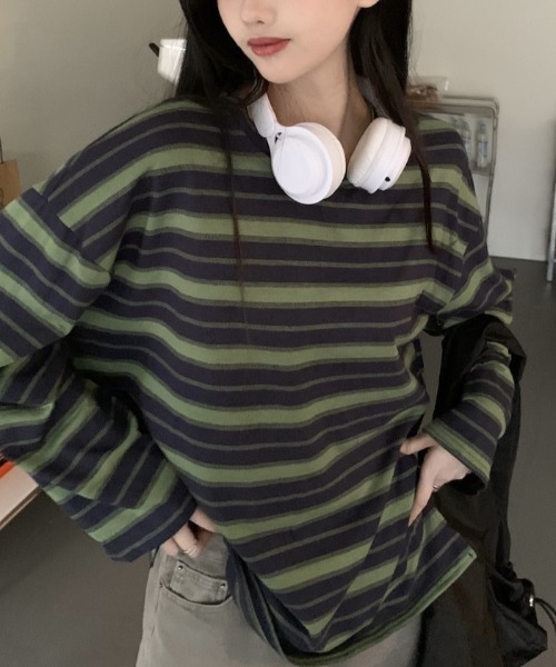 Per sist ence（パーシエンス）の「ビッグシルエットボーダーロンT（Tシャツ/カットソー・レディース・グリーン/レッド/ブラック・LARGE/X-LARGE/MEDIUM）」の17枚目の写真