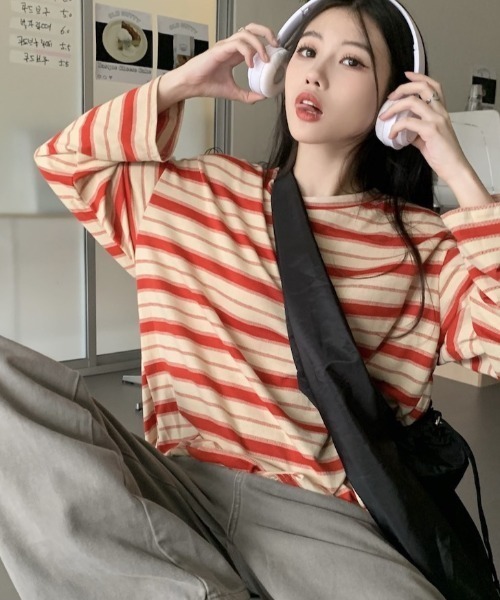 Per sist ence（パーシエンス）の「ビッグシルエットボーダーロンT（Tシャツ/カットソー・レディース・グリーン/レッド/ブラック・LARGE/X-LARGE/MEDIUM）」の5枚目の写真