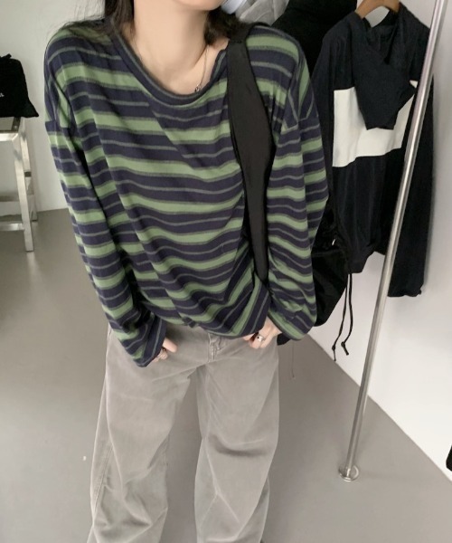 Per sist ence（パーシエンス）の「ビッグシルエットボーダーロンT（Tシャツ/カットソー・レディース・グリーン/レッド/ブラック・LARGE/X-LARGE/MEDIUM）」の7枚目の写真