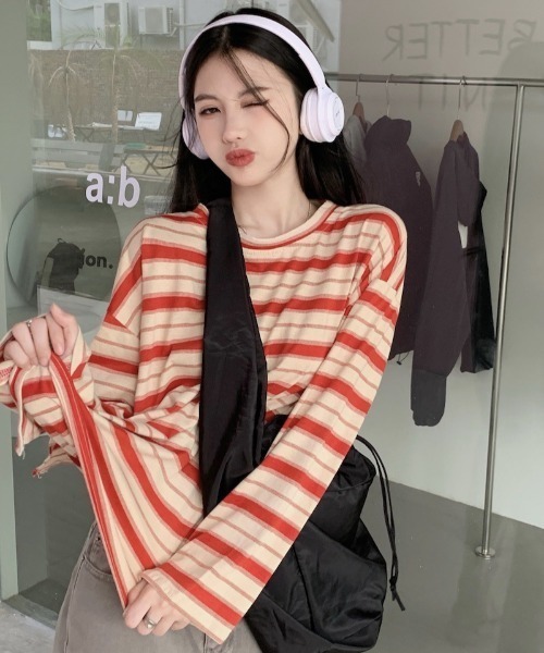 Per sist ence（パーシエンス）の「ビッグシルエットボーダーロンT（Tシャツ/カットソー・レディース・グリーン/レッド/ブラック・LARGE/X-LARGE/MEDIUM）」の9枚目の写真