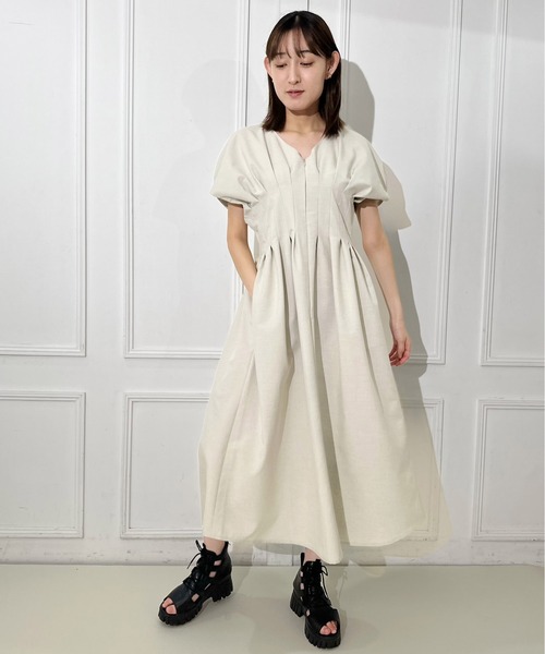 セール】リネンライクタックロングワンピース(ワンピース セール】リネンライクタックロングワンピース(ワンピース