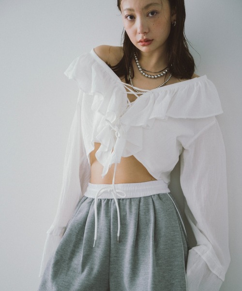 HANNE(アン)の「レースアップフリルブラウス(シャツ/ブラウス・レディース・ホワイト/ブルー・FREE)」の16枚目の写真