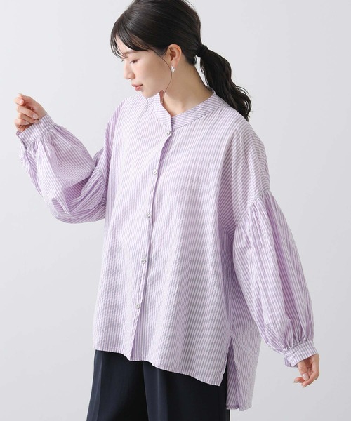 今期新品⭐︎Gready brilliant⭐︎ ストライプギャザースリーブシャツ セール】ストライプギャザースリーブシャツ（シャツ/ブラウス