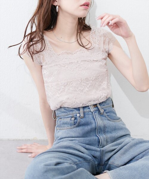 natural couture（ナチュラルクチュール）の「前後２ＷＡＹ総レースインナー（キャミソール・レディース・ピンクベージュ/ブラック/オフホワイト/グレイッシュベージュ・FREE）」の4枚目の写真