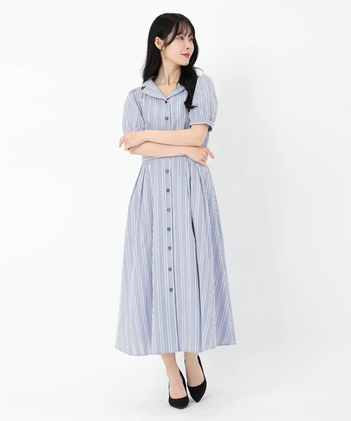 美品 ストロベリーフィールズ フレア ワンピース ストライプ ストライプ ブルー STRAWBERRY-FIELDS - 美品 ストロベリーフィールズ フレア