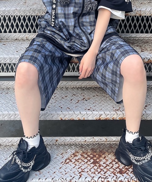 DARRDY（ダーディー）の「【DARRDY/ダーディー】チェック柄ジャージハーフパンツ/セットアップ対応（その他パンツ・レディース・ブラック/サックスブルー・ONESIZE）」の4枚目の写真