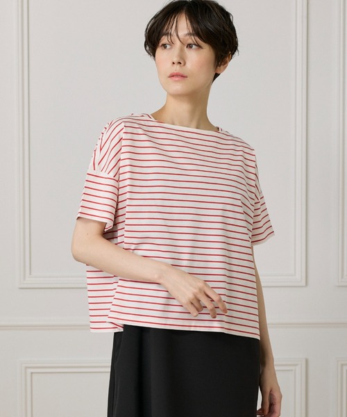 I.T.'S international（イッツインターナショナル）の「ハイゲージシルケット天竺ボーダーカットソー（Tシャツ/カットソー・レディース・ブラック/ブルー/オフホワイト/レッド・フリー）」の4枚目の写真
