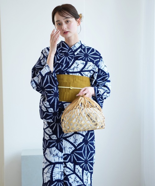 ★専用★美品 浴衣 有松絞り バチ衿 紺 麻の葉 身丈155cm お洒落 夏 utatane 浴衣 有松絞り浴衣3点セット 鉄紺に葡萄 レディース