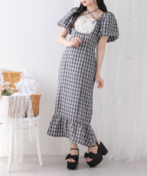 DearMyLoveRose(ディアマイラブローズ)の「ヨークフリルバルーンスリーブマーメイドワンピース【大きいサイズ有り】(ワンピース・レディース・チェック/ブルーグレー/ブラック/グレー・LARGE/LL/3L/SMALL/MEDIUM)」の4枚目の写真