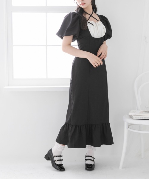 DearMyLoveRose(ディアマイラブローズ)の「ヨークフリルバルーンスリーブマーメイドワンピース【大きいサイズ有り】(ワンピース・レディース・チェック/ブルーグレー/ブラック/グレー・LARGE/LL/3L/SMALL/MEDIUM)」の2枚目の写真