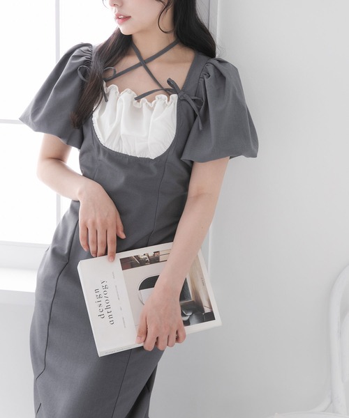DearMyLoveRose(ディアマイラブローズ)の「ヨークフリルバルーンスリーブマーメイドワンピース【大きいサイズ有り】(ワンピース・レディース・チェック/ブルーグレー/ブラック/グレー・LARGE/LL/3L/SMALL/MEDIUM)」の16枚目の写真