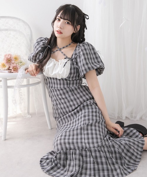 DearMyLoveRose(ディアマイラブローズ)の「ヨークフリルバルーンスリーブマーメイドワンピース【大きいサイズ有り】(ワンピース・レディース・チェック/ブルーグレー/ブラック/グレー・LARGE/LL/3L/SMALL/MEDIUM)」の10枚目の写真