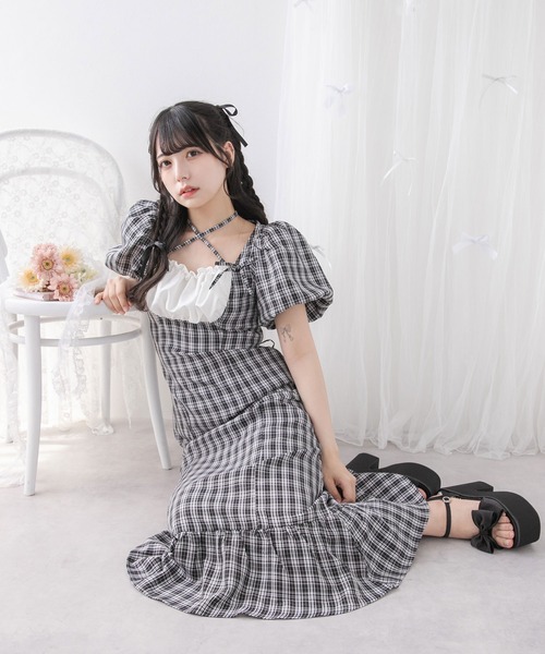 DearMyLoveRose(ディアマイラブローズ)の「ヨークフリルバルーンスリーブマーメイドワンピース【大きいサイズ有り】(ワンピース・レディース・チェック/ブルーグレー/ブラック/グレー・LARGE/LL/3L/SMALL/MEDIUM)」の11枚目の写真