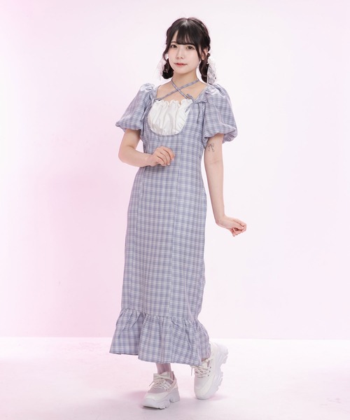 DearMyLoveRose(ディアマイラブローズ)の「ヨークフリルバルーンスリーブマーメイドワンピース【大きいサイズ有り】(ワンピース・レディース・チェック/ブルーグレー/ブラック/グレー・LARGE/LL/3L/SMALL/MEDIUM)」の14枚目の写真
