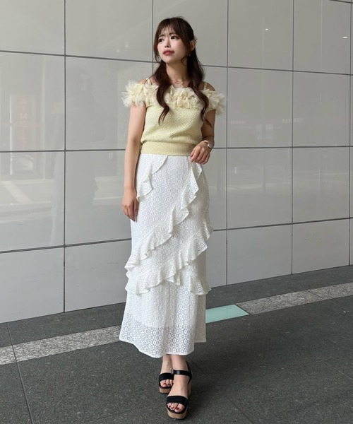 31 Sons de mode（トランテアン　ソン　ドゥ　モード）の「2025春夏新作 クロシェライクオフショルリボンニット（ニット/セーター・レディース・ブラック/オフホワイト/イエロー・ﾌﾘ-）」の5枚目の写真