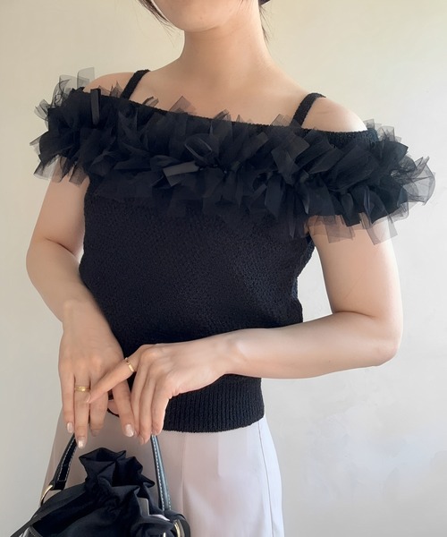 31 Sons de mode（トランテアン　ソン　ドゥ　モード）の「2025春夏新作 クロシェライクオフショルリボンニット（ニット/セーター・レディース・ブラック/オフホワイト/イエロー・ﾌﾘ-）」の13枚目の写真