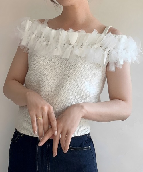 31 Sons de mode（トランテアン　ソン　ドゥ　モード）の「2025春夏新作 クロシェライクオフショルリボンニット（ニット/セーター・レディース・ブラック/オフホワイト/イエロー・ﾌﾘ-）」の14枚目の写真