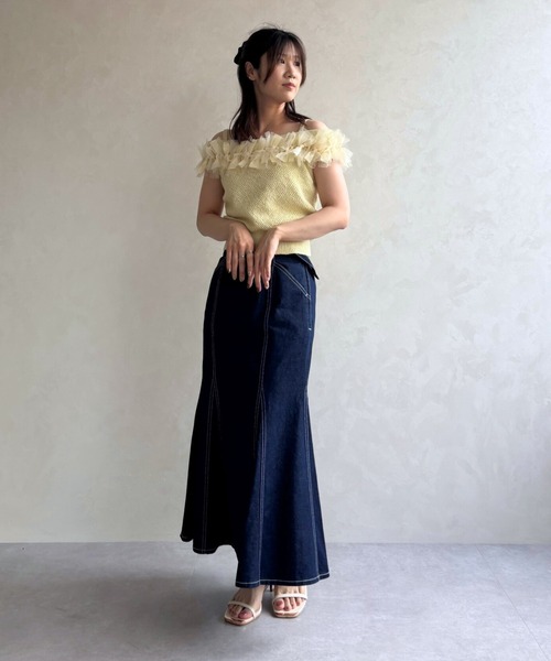 31 Sons de mode（トランテアン　ソン　ドゥ　モード）の「2025春夏新作 クロシェライクオフショルリボンニット（ニット/セーター・レディース・ブラック/オフホワイト/イエロー・ﾌﾘ-）」の10枚目の写真