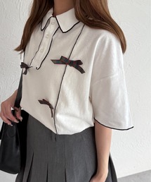 kutir | 半袖チェックリボンポロTシャツ(ポロシャツ)