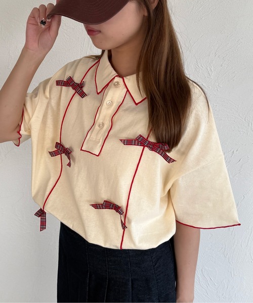 kutir（クティール）の「半袖チェックリボンポロTシャツ（ポロシャツ・レディース・ネイビー/オフホワイト/アイボリー・FREE）」の10枚目の写真