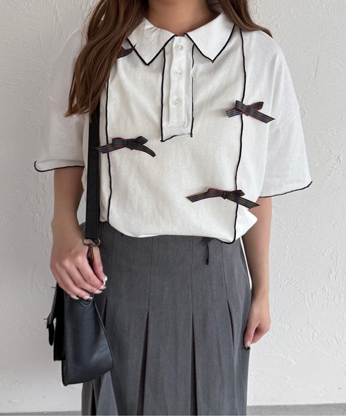 kutir（クティール）の「半袖チェックリボンポロTシャツ（ポロシャツ・レディース・ネイビー/オフホワイト/アイボリー・FREE）」の4枚目の写真