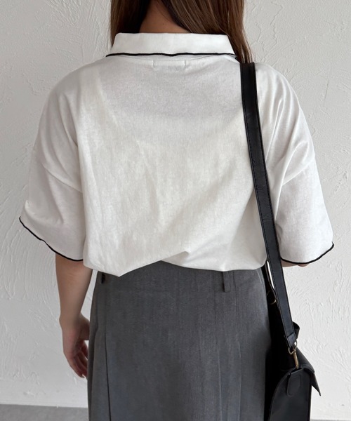 kutir（クティール）の「半袖チェックリボンポロTシャツ（ポロシャツ・レディース・ネイビー/オフホワイト/アイボリー・FREE）」の5枚目の写真