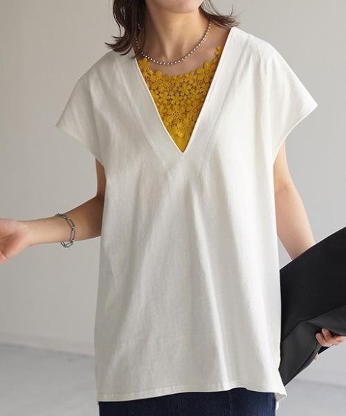 HUG.U（ハグユー）の「深Vネックカットソーベスト（Tシャツ/カットソー・レディース・ホワイト/ブラック/ラベンダー/ダークグレー/グレイッシュベージュ・M/L）」の15枚目の写真