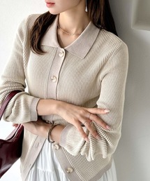春の感度100%。襟付きデザインリブ編みポロニットカーデ(長袖)
